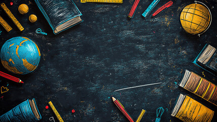 Chalkboard texture background with bright doodles of books, rulers, and globes, combined with inspiring quotes for Teacher Appreciation Day, flat vector style.