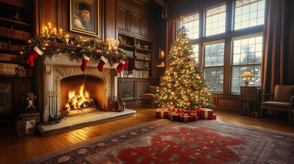 Elegancko udekorowana choinka Bożonarodzeniowa ustawiona przed kominkiem wypełnionym ciepłym, migoczącym ogniem.
