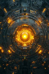 A top-down view of an advanced energy core, glowing with golden light and surrounded by intricate circuitry