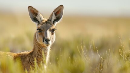 Obraz premium A tight shot of a kangaroo in a towering grass field gazing at the camera, backdrop softly blurred