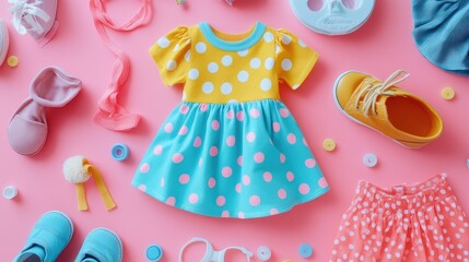 Flat lay of children's clothing with a focus on a bright polka-dot dress, surrounded by tights, shoes, and a hairband on a pink surface.