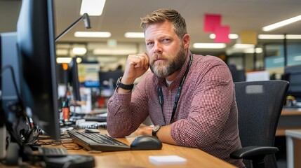 Fototapeta premium Thoughtful male professional contemplating at a modern office desk, surrounded by computer equipment and a busy work environment.