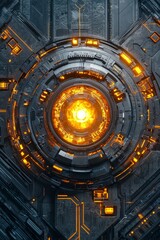 A top-down view of an advanced energy core, glowing with golden light and surrounded by intricate circuitry