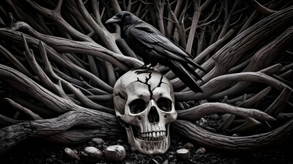 A black crow perched on top of a human skull. The skull is placed on a pile of dry trunks and branches.