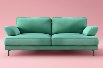 Fototapeta premium Soft green sofa on pink background, 3D illustration, AI generated image. Modern minimalistic living room interior detail