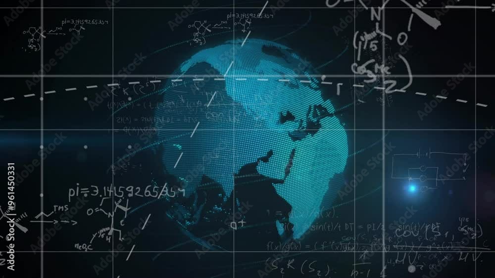 Poster mathematical equations and formulas over rotating globe animation
