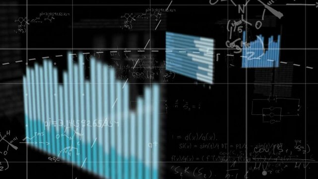Bar chart animation over mathematical equations and chemical formulas on black background