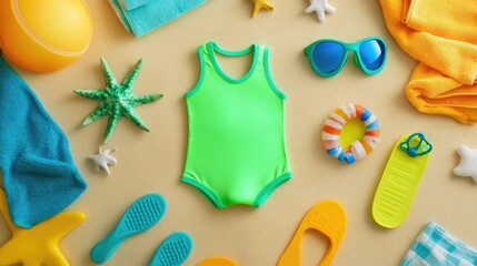 Top view of a collection of kids' swimwear, with the focal point on a bright green swimsuit, surrounded by a towel, goggles, and flip-flops on a sandy background.