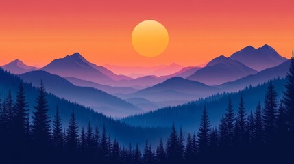 Obraz premium A breathtaking panorama of a vibrant sunset casting warm hues over a majestic mountain range. Coniferous trees stand tall in the foreground, creating a serene and tranquil scene. The setting sun evoke