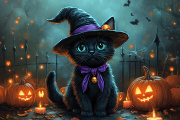 A cute black cat wearing witch hat sits among glowing pumpkins, creating whimsical Halloween atmosphere..