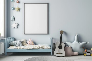 Cozy Kids Room with Playful Decor, Guitar, and Star-Themed Wall Art
