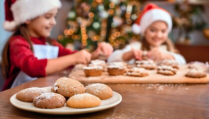 Christmas cookies are on the front, blurred kids are making pastry on the background