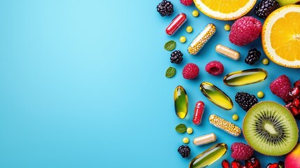 Obraz premium Vitamins Supplements and Fresh Fruits on Blue Background