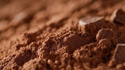 Micro view of cocoa powder, rich brown particles, velvety texture