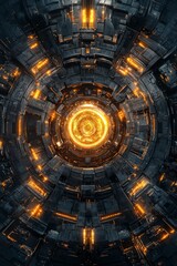 A top-down view of an advanced energy core, glowing with golden light and surrounded by intricate circuitry