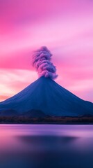 Fototapeta premium A stunning volcanic eruption at sunset, showcasing vibrant colors and dynamic smoke against a serene landscape.