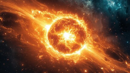 Fototapeta premium Isotopic changes and energy bursts in nuclear fission, with particles scattering