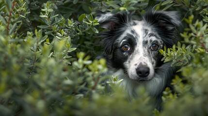 Fototapeta premium A sad-looking black-and-white dog sits in a bush, gazing at the camera with melancholic eyes