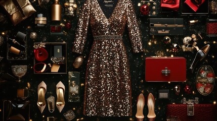 Naklejka premium Top view of a women's party wear collection, highlighting a sequined dress, heels, and a clutch, arranged on a luxurious background.