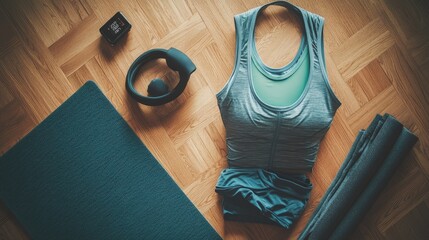 Top view of a yoga and fitness outfit, with a focus on a yoga mat, leggings, tank top, and fitness tracker, on a wooden gym floor.