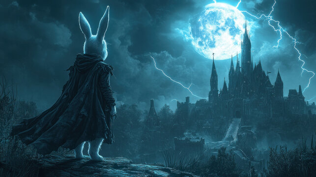A mystical bunny dressed in dark cloak stands against dramatic backdrop of full moon and lightning, gazing at distant castle..