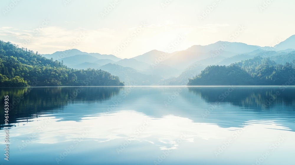 Sticker serene lake landscape with mountains and reflection