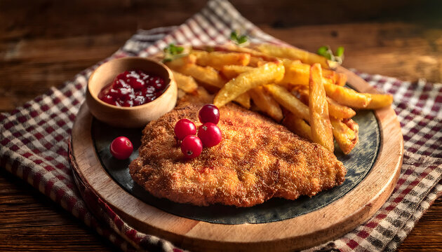 schnitzel, pommes, frites, wirtshaus, neu, m&uuml;nchen, essen, oktoberfest, wiesn, close up, preiselbeeren, dip, sauce, bier, kariert, tuch, holz, h&ouml;lzern, gastronomie, fleisch, teller, mahl, ad, 3d, foto