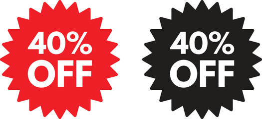 Black and red 40 off icon set . Up to 40% off sale promotion icon . Vector illustration