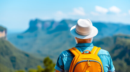 An elderly man in a sun hat and blue shirt stands with an orange backpack, admiring the stunning mountain landscape under a clear blue sky