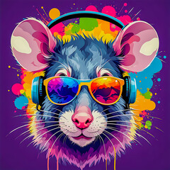 illustration of rat head with headphones and sunglasses on the abstract background.