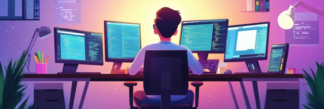 A cartoon illustration depicting an IT specialist sitting at a desk with multiple monitors, showcasing a bustling workspace symbolizing problem-solving, coding, technology, and dedication.