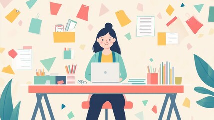 A cartoon illustration of a smiling administrative assistant working at her desk, surrounded by colorful office supplies and notes. She is focused on her laptop and appears organized and efficient. Th