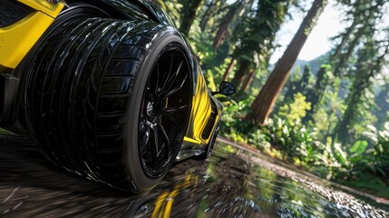 Yellow Sports Car Tire Close Up in Forest
