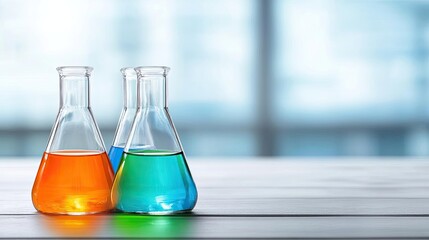 Colorful chemical flasks display vibrant liquids, perfect for educational and scientific themes in various projects.