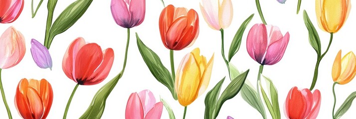 Obraz premium A charming seamless pattern featuring delicate watercolor tulips in shades of pink, red, yellow, and purple. This design evokes feelings of spring, joy, and beauty, perfect for adding a touch of natur