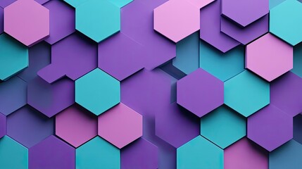 Colorful hexagonal shapes in purple and teal create a modern abstract background, perfect for design and advertising.