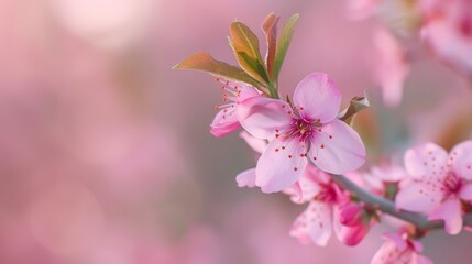 Fototapeta premium A branch of a tree, bearing pink flowers in sharp focus, against a softly blurred background