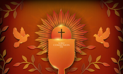 Aesthetic Red and Gold Metal Design World Communion Day Greeting Banner, celebrated on October. Religious icon and symbols, flying holy spirit dove, communion bread and cup of wine. Vector.