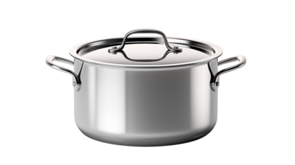 classic stainless steel cooking pot, studio view, isolated on transparent background.