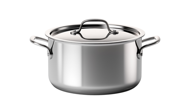 classic stainless steel cooking pot, studio view, isolated on transparent background.