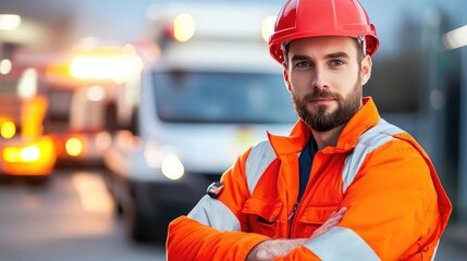 Confident construction worker in safety gear poses outdoors, showcasing dedication to safety and professionalism.