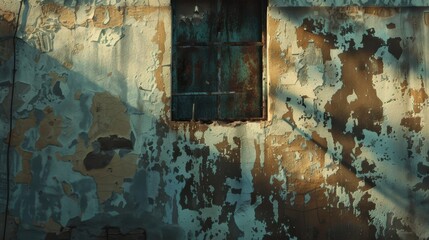 close-up view of a weathered wall with peeling paint and a rusted metal window frame, bathed in soft sunlight. The textures of decay are emphasized by the lighting