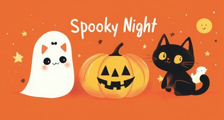 spooky Halloween night party banner template with cute cat, pumpkin and ghost in orange color background. trick or treat halloween event poster design