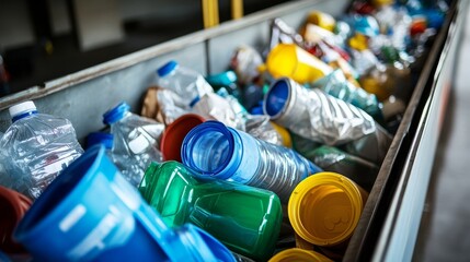 A close-up image showcases a variety of plastic bottles and containers collected for recycling. The image emphasizes the importance of sustainable waste management and the circular economy.