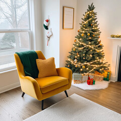 A minimalistic Christmas scene with a modern twist, featuring trendy colors and sleek design. The essence of Christmas is captured in a single focus on a beautifully decorated tree.