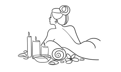 Girl enjoying spa salon isolated on white background. Relax line art drawing. Vector illustration	