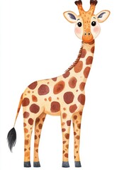 Obraz premium A cute, whimsical illustration of a giraffe standing tall with a playful expression, perfect for children's designs and decor.