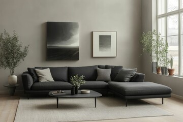 Fototapeta premium A modern living room with a gray sofa, artwork, and potted plants, creating a cozy atmosphere.