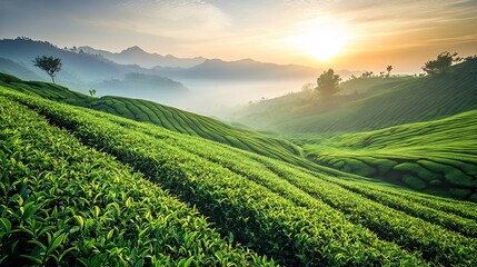 Fototapeta premium Sunrise Over Rolling Green Tea Plantation