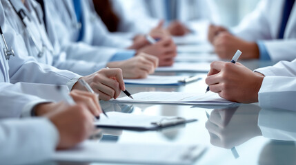 Doctor taking notes in a hospital meeting